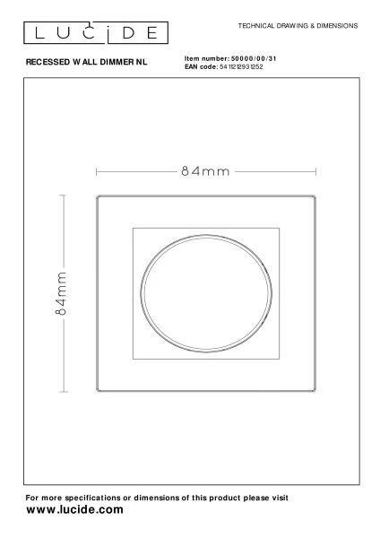 Lucide RECESSED WALL DIMMER NL - Dimmer - 300 Watt 230V - Blanc - TECHNISCH